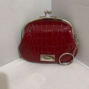 Liz Claiborne Red Silver‎ Textured Coin Change Purse Wallet keyring ID holder